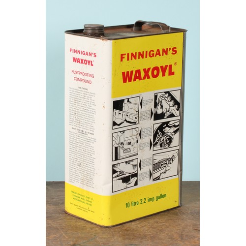8003 - A 1970's ten litre can, FINNIGAN'S WAXOYL, illustrated with a car and instructions, 38cm high; a pet... 
