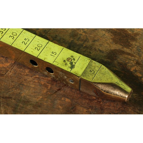 8058 - A vintage brass fuel tank measuring stick or gauge, inscribed with measurements up to 500 gallons an... 