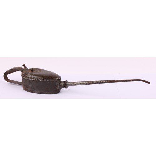 8012 - A graduated pair of vintage Kaye's Patent 'pie-crust' force feed oil cans, the largest 54cm long; ot... 