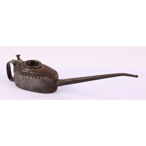 8012 - A graduated pair of vintage Kaye's Patent 'pie-crust' force feed oil cans, the largest 54cm long; ot... 