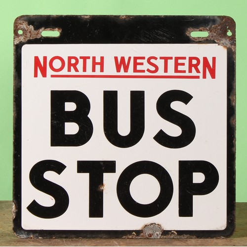 8033 - Automobilia - Transport - a rectangular double sided bus stop enamel sign, NORTH WESTERN BUS STOP, 3... 