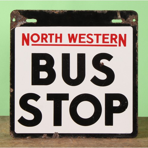 8033 - Automobilia - Transport - a rectangular double sided bus stop enamel sign, NORTH WESTERN BUS STOP, 3... 