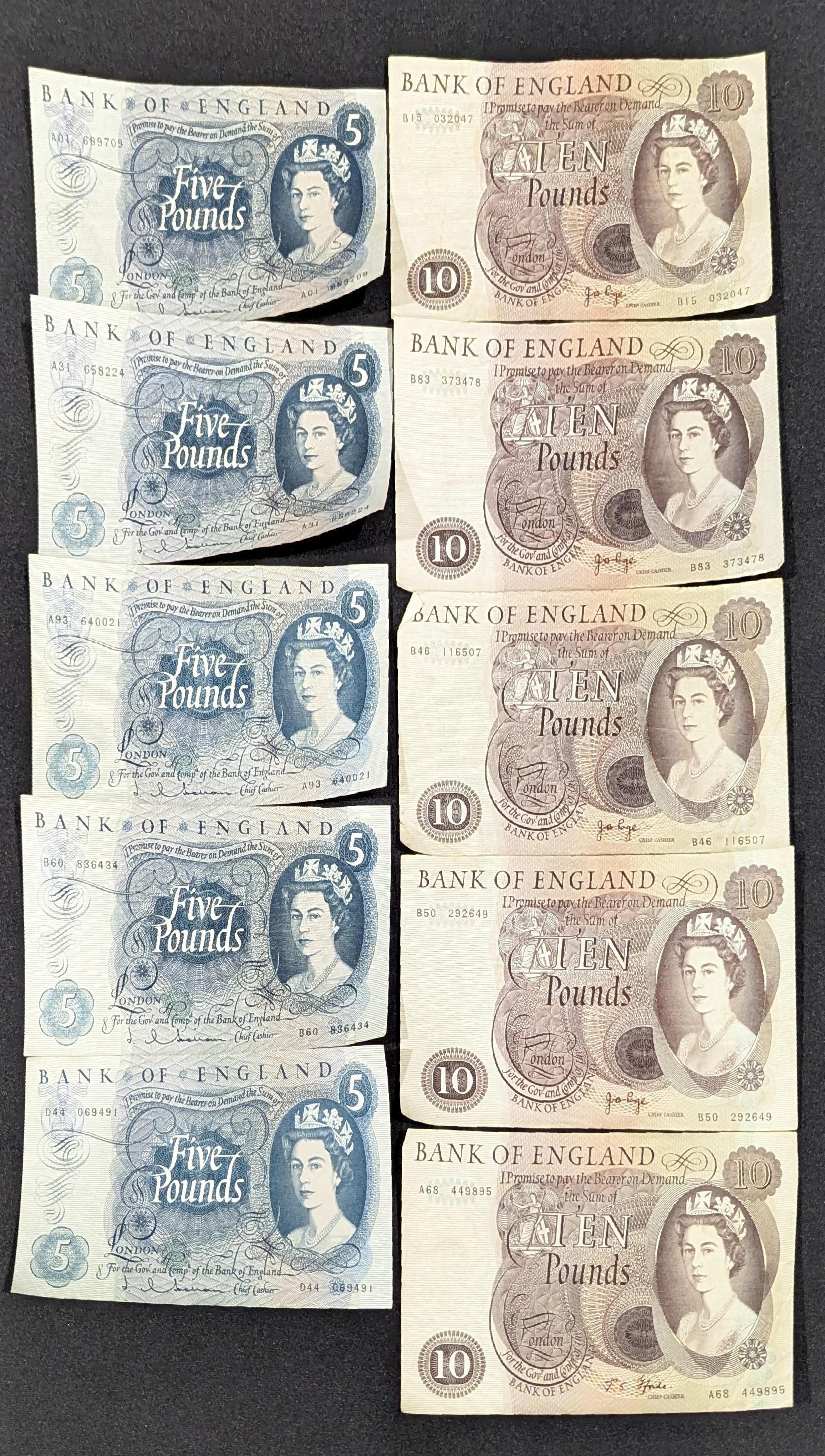 Notaphily - Bank of England bank notes comprising five series C (5) ten ...