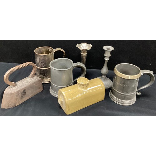 1030 - Boxes and objects - stone ware jars, antler handled riding crop, brass carriage, copper fire tongs, ... 