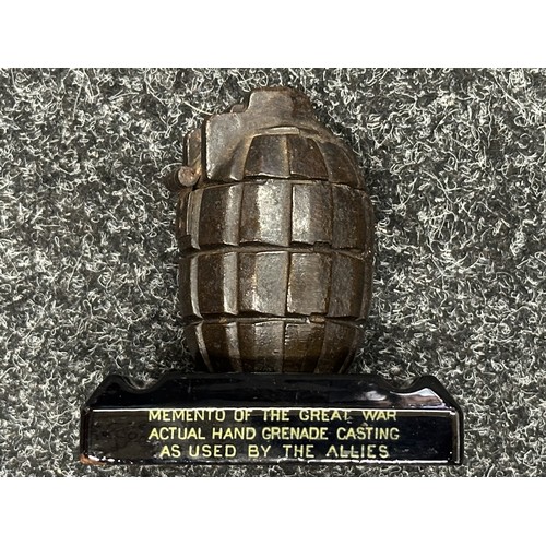 WW1 British Souvenir Hand Grenade Ink Well. Hinged lid. Mounted on a ...