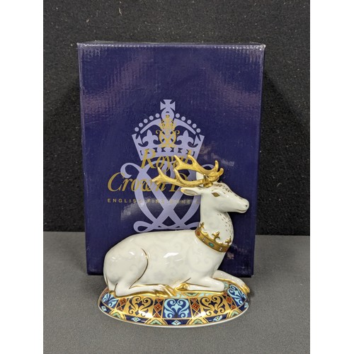 3058 - A Royal Crown Derby paperweight, The White Hart Heraldic Stag, third in a series inspired by Heraldi... 