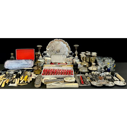 Boxes and objects - a pair of silver plated candlesticks, a four piece ...