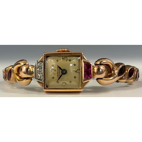 1003 - J W Benson - a continental rose gold diamond and pink ruby accented cocktail watch, gilt dial, Arabi... 
