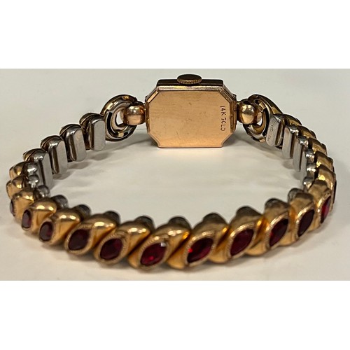1003 - J W Benson - a continental rose gold diamond and pink ruby accented cocktail watch, gilt dial, Arabi... 