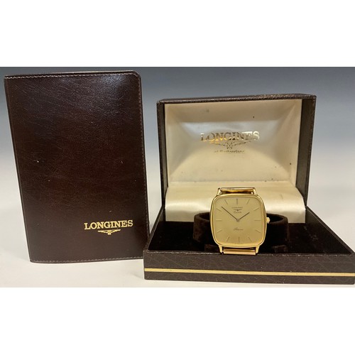 1007 - Longines - a 1980s gold plated Presence quartz wristwatch, gilt TV dial, baton indices, stainless st... 