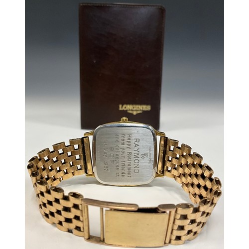 1007 - Longines - a 1980s gold plated Presence quartz wristwatch, gilt TV dial, baton indices, stainless st... 