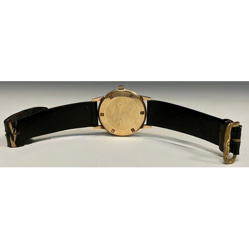 1043 - Verity - a 1960s 9ct gold cased incabloc wristwatch, 34mm diameter case, silver dial, gold line bato... 