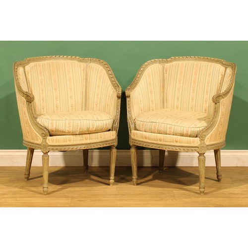 9 - A pair of Louis XVI style bergères en gondole, 82cm high, 71.5cm wide; a contemporary Italian painte... 