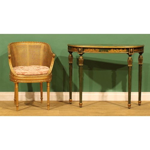 9 - A pair of Louis XVI style bergères en gondole, 82cm high, 71.5cm wide; a contemporary Italian painte... 