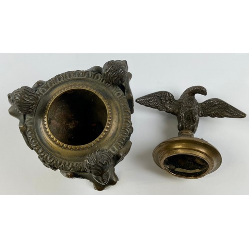 3016 - A 19th century Continental patinated bronze inkwell and cover, eagle finial, cast throughout with ch... 