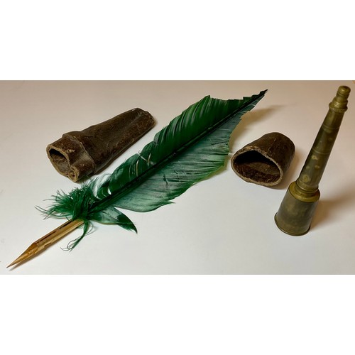 3026 - A George III brass penner, the screw close cover enclosing a quill knife, 11cm high, faux shagreen c... 
