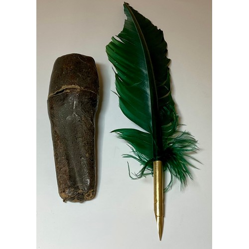 3026 - A George III brass penner, the screw close cover enclosing a quill knife, 11cm high, faux shagreen c... 