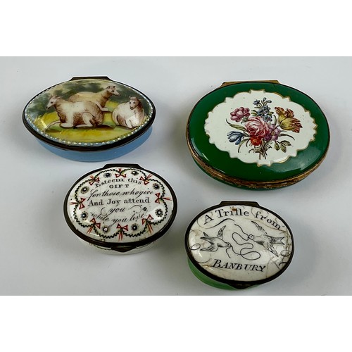 3055 - A George III Staffordshire enamel patch box, the hinged cover painted with resting sheep, 5cm wide; ... 