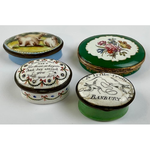 3055 - A George III Staffordshire enamel patch box, the hinged cover painted with resting sheep, 5cm wide; ... 