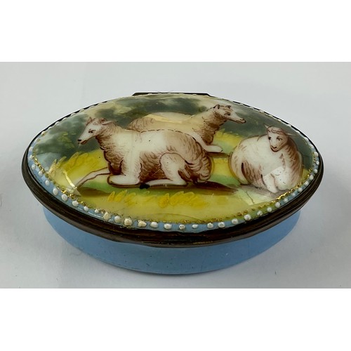 3055 - A George III Staffordshire enamel patch box, the hinged cover painted with resting sheep, 5cm wide; ... 