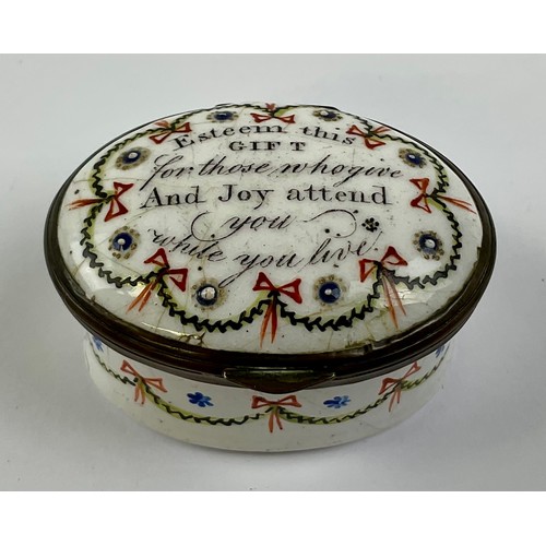 3055 - A George III Staffordshire enamel patch box, the hinged cover painted with resting sheep, 5cm wide; ... 