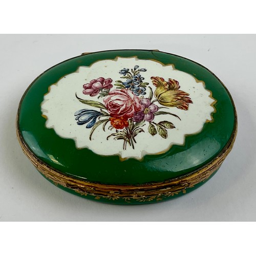 3055 - A George III Staffordshire enamel patch box, the hinged cover painted with resting sheep, 5cm wide; ... 