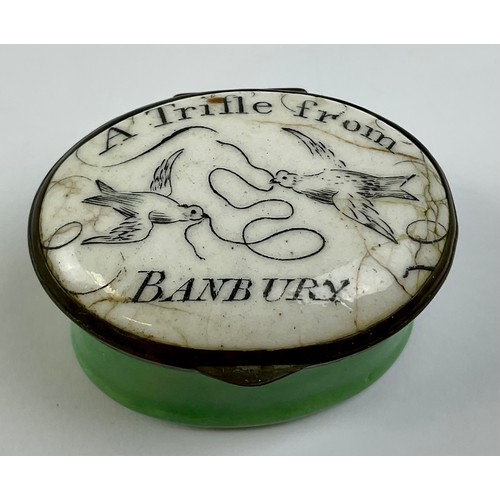 3055 - A George III Staffordshire enamel patch box, the hinged cover painted with resting sheep, 5cm wide; ... 