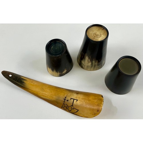 3029 - A George III cattle horn shoe horn, scrimshaw engraved with initials IT and dated 1807, 19.5cm long;... 