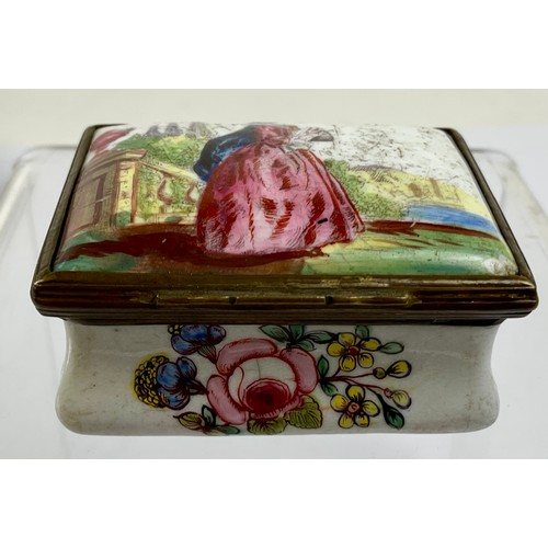 3037 - A George III South Staffordshire enamel and brass mounted rectangular snuff box, the domed hinged co... 