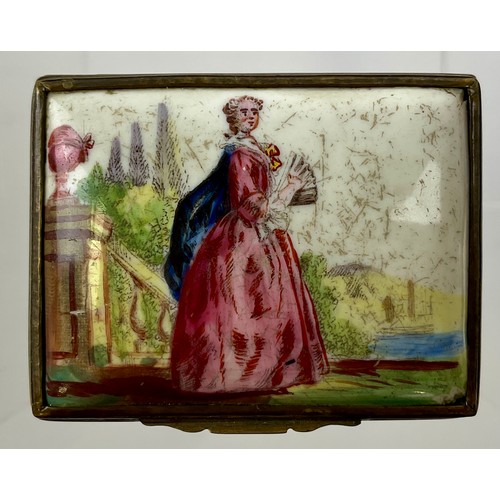 3037 - A George III South Staffordshire enamel and brass mounted rectangular snuff box, the domed hinged co... 