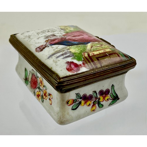 3037 - A George III South Staffordshire enamel and brass mounted rectangular snuff box, the domed hinged co... 