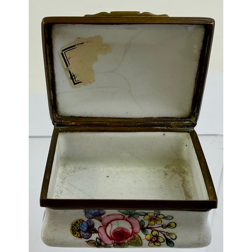 3037 - A George III South Staffordshire enamel and brass mounted rectangular snuff box, the domed hinged co... 