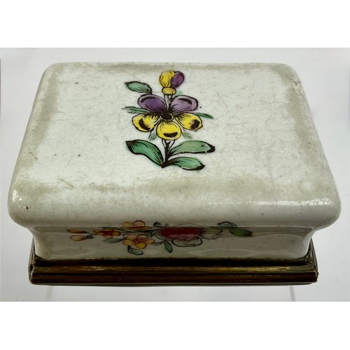 3037 - A George III South Staffordshire enamel and brass mounted rectangular snuff box, the domed hinged co... 