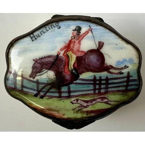 3046 - A George III South Staffordshire enamel and copper mounted snuff box, the shaped hinged cover painte... 