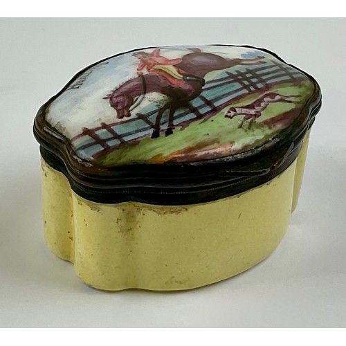 3046 - A George III South Staffordshire enamel and copper mounted snuff box, the shaped hinged cover painte... 