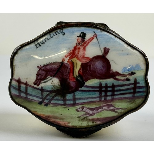 3046 - A George III South Staffordshire enamel and copper mounted snuff box, the shaped hinged cover painte... 