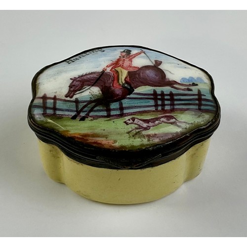3046 - A George III South Staffordshire enamel and copper mounted snuff box, the shaped hinged cover painte... 