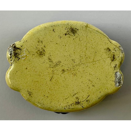 3046 - A George III South Staffordshire enamel and copper mounted snuff box, the shaped hinged cover painte... 