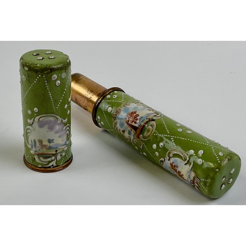 3033 - A George III South Staffordshire enamel and brass mounted etui, the press close cylindrical cover an... 