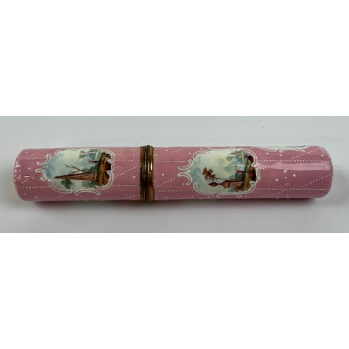 3034 - A George III South Staffordshire enamel and brass mounted etui, the press close cylindrical cover an... 