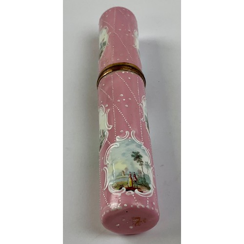 3034 - A George III South Staffordshire enamel and brass mounted etui, the press close cylindrical cover an... 