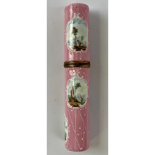 3034 - A George III South Staffordshire enamel and brass mounted etui, the press close cylindrical cover an... 