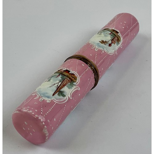 3034 - A George III South Staffordshire enamel and brass mounted etui, the press close cylindrical cover an... 