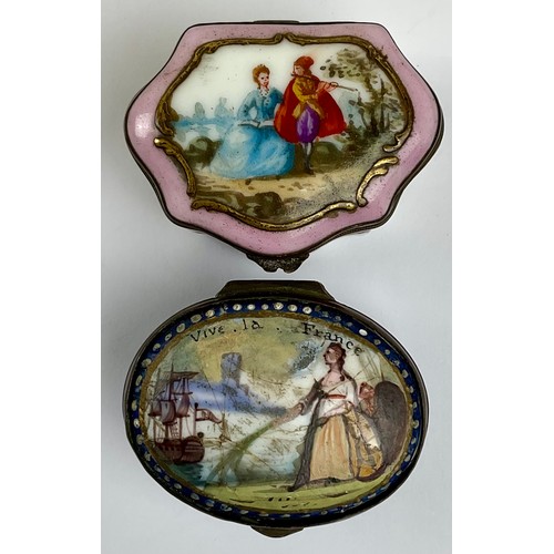 3041 - A George III South Staffordshire enamel and brass mounted snuff box, the hinged cover painted with a... 
