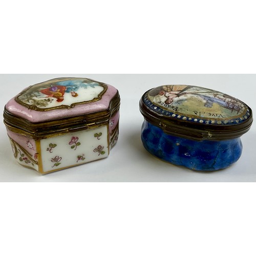 3041 - A George III South Staffordshire enamel and brass mounted snuff box, the hinged cover painted with a... 