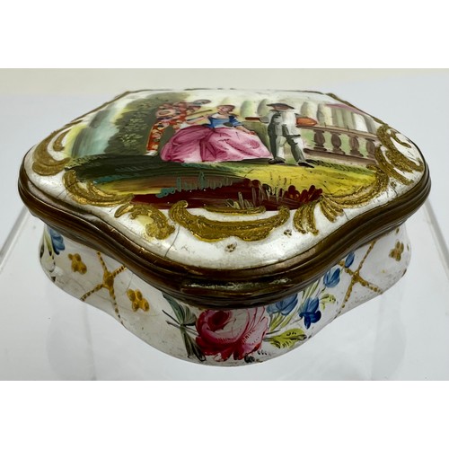 3040 - A George III South Staffordshire enamel and brass mounted snuff box, the hinged cover painted with a... 