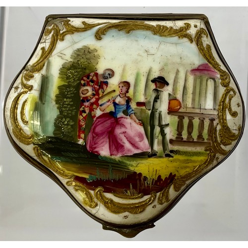 3040 - A George III South Staffordshire enamel and brass mounted snuff box, the hinged cover painted with a... 