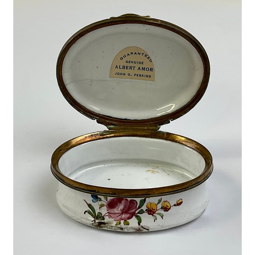 3035 - A George III South Staffordshire enamel and brass mounted oval snuff box, the hinged cover painted w... 
