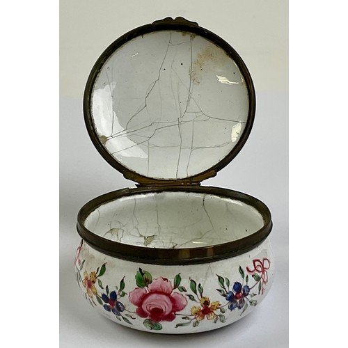 3032 - A George III South Staffordshire enamel and brass mounted circular snuff box, the hinged cover paint... 