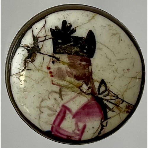 3044 - A George III South Staffordshire enamel and copper mounted patch box, the press close cover painted ... 